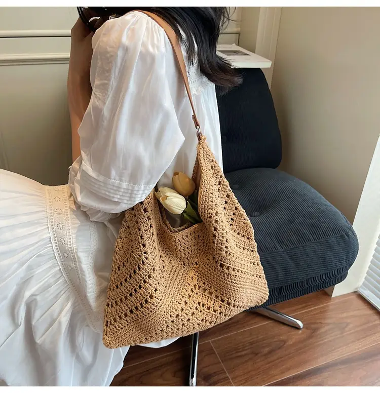 Women's Large Capacity Woven Shoulder Bag Tan 2025 — feature 9