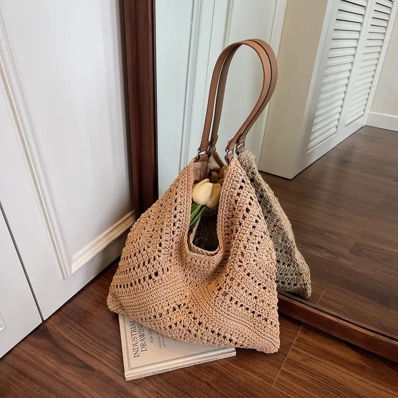 Women's Large Capacity Woven Shoulder Bag Tan 2025 - Image 2