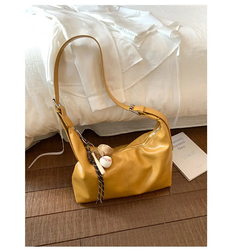 Retro Yellow Women's Shoulder Bag with Pom Pom Decor — feature 36