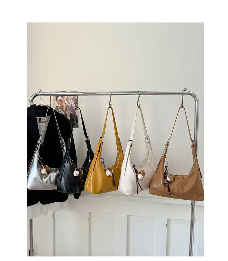 Retro Yellow Women's Shoulder Bag with Pom Pom Decor — feature 5