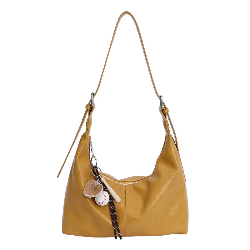 Retro Yellow Women's Shoulder Bag with Pom Pom Decor - Image 3