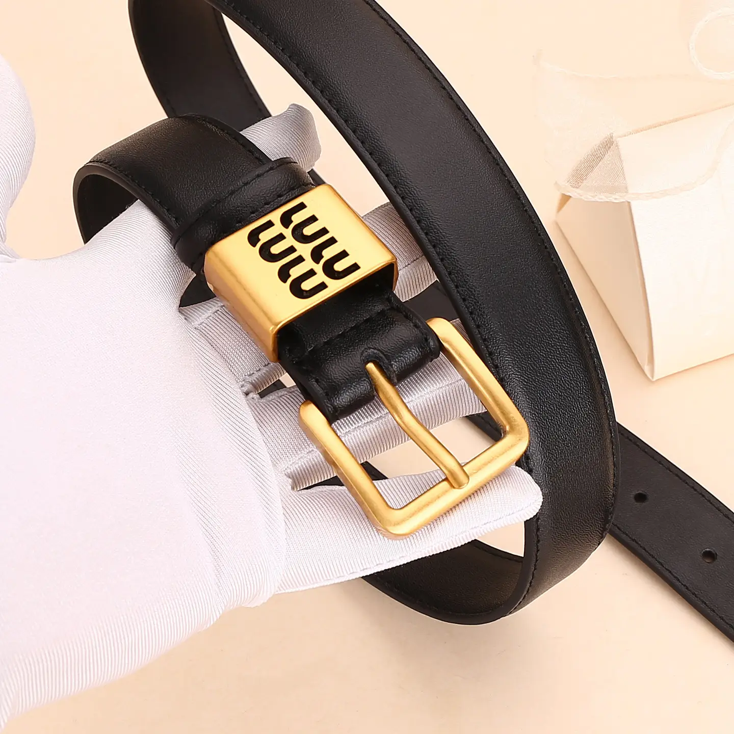 Women Cowhide Leather Belt with Gold Buckle 100cm