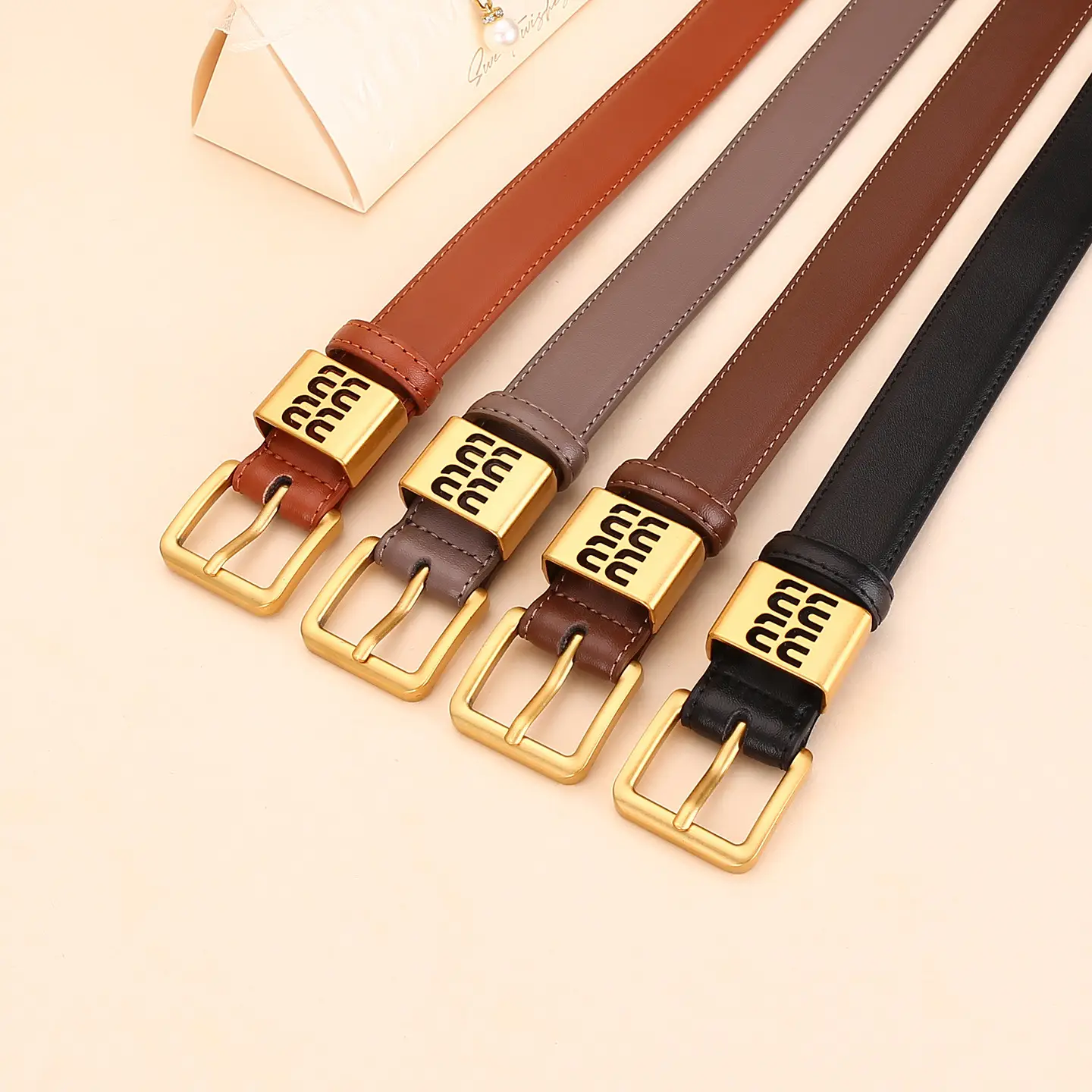 Women Cowhide Leather Belt with Gold Buckle 100cm