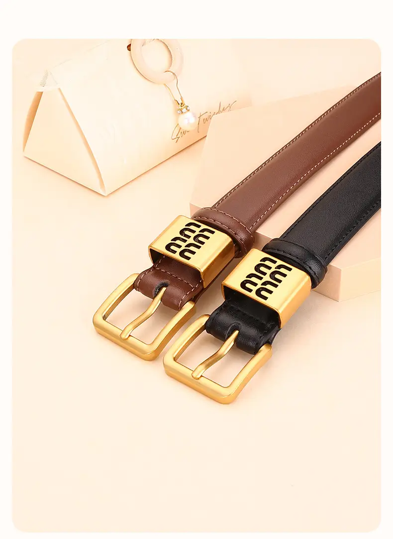Women Cowhide Leather Belt with Gold Buckle 100cm — feature 21