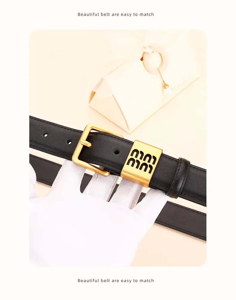 Women Cowhide Leather Belt with Gold Buckle 100cm — feature 23