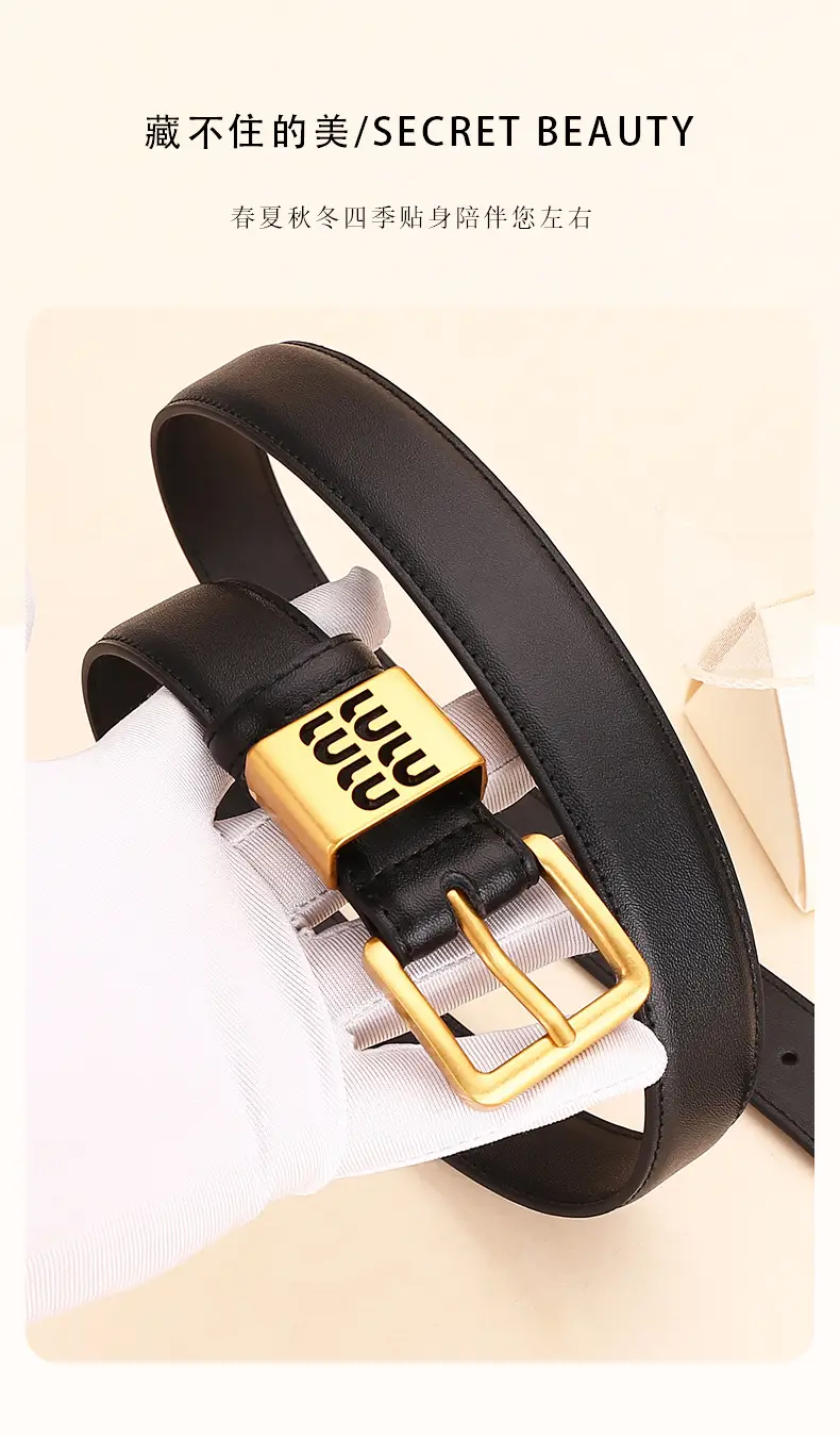 Women Cowhide Leather Belt with Gold Buckle 100cm — feature 3