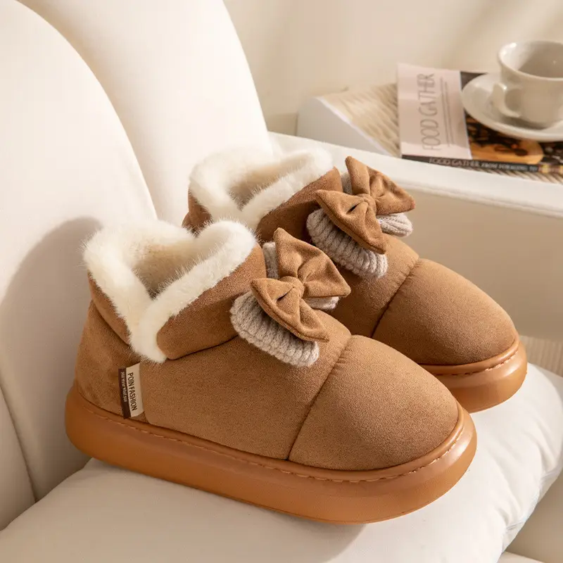 Women Winter Bow Bowled Slippers Brown Velvet Warm - Image 3