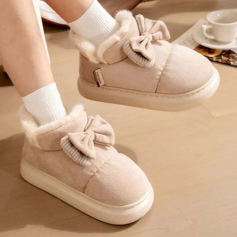 Women Winter Bow Bowled Slippers Brown Velvet Warm - Image 4