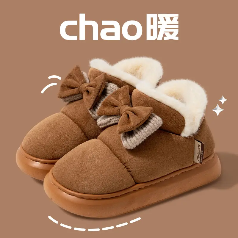 Women Winter Bow Bowled Slippers Brown Velvet Warm - Image 5