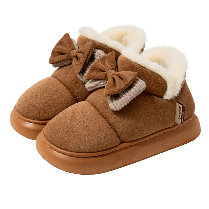 Women Winter Bow Bowled Slippers Brown Velvet Warm - Image 6