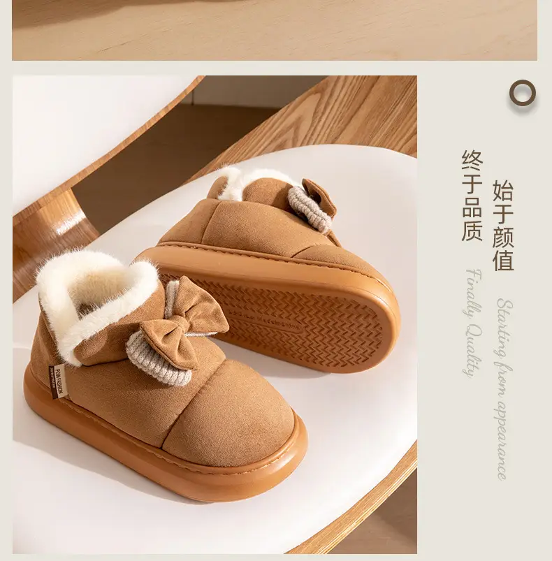 Women Winter Bow Bowled Slippers Brown Velvet Warm — feature 16