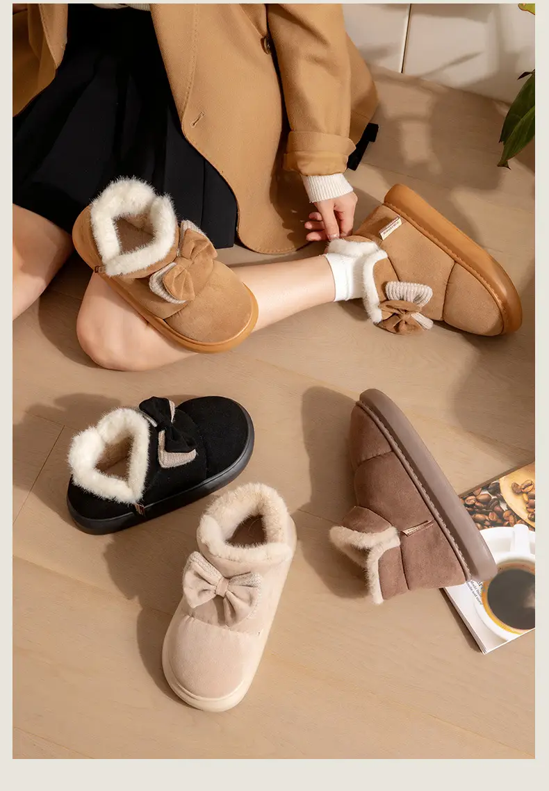 Women Winter Bow Bowled Slippers Brown Velvet Warm — feature 18