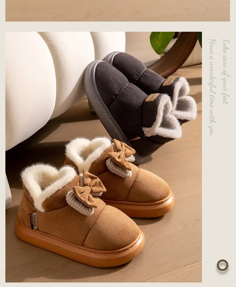 Women Winter Bow Bowled Slippers Brown Velvet Warm — feature 21