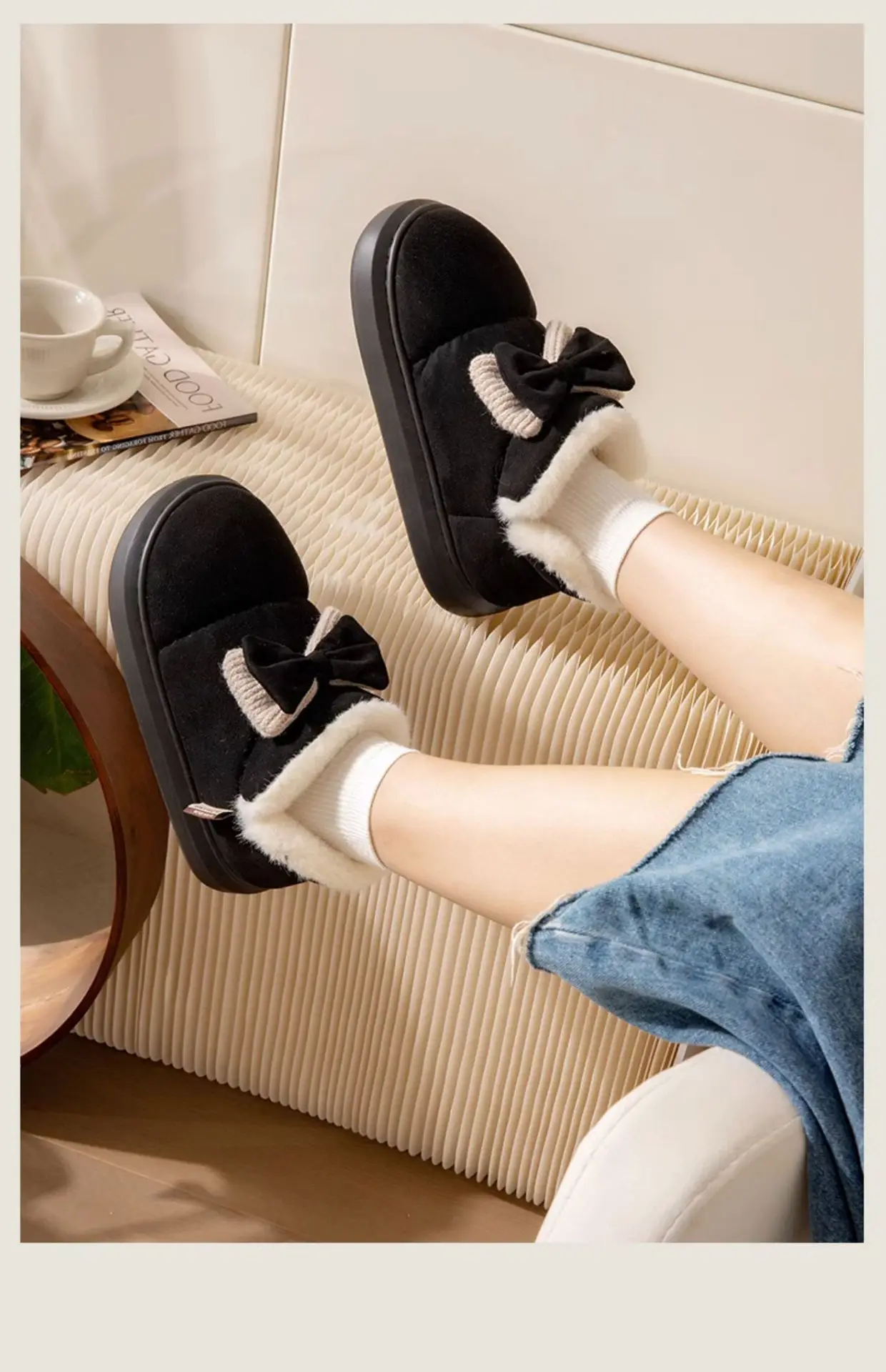 Women Winter Bow Bowled Slippers Brown Velvet Warm — feature 22