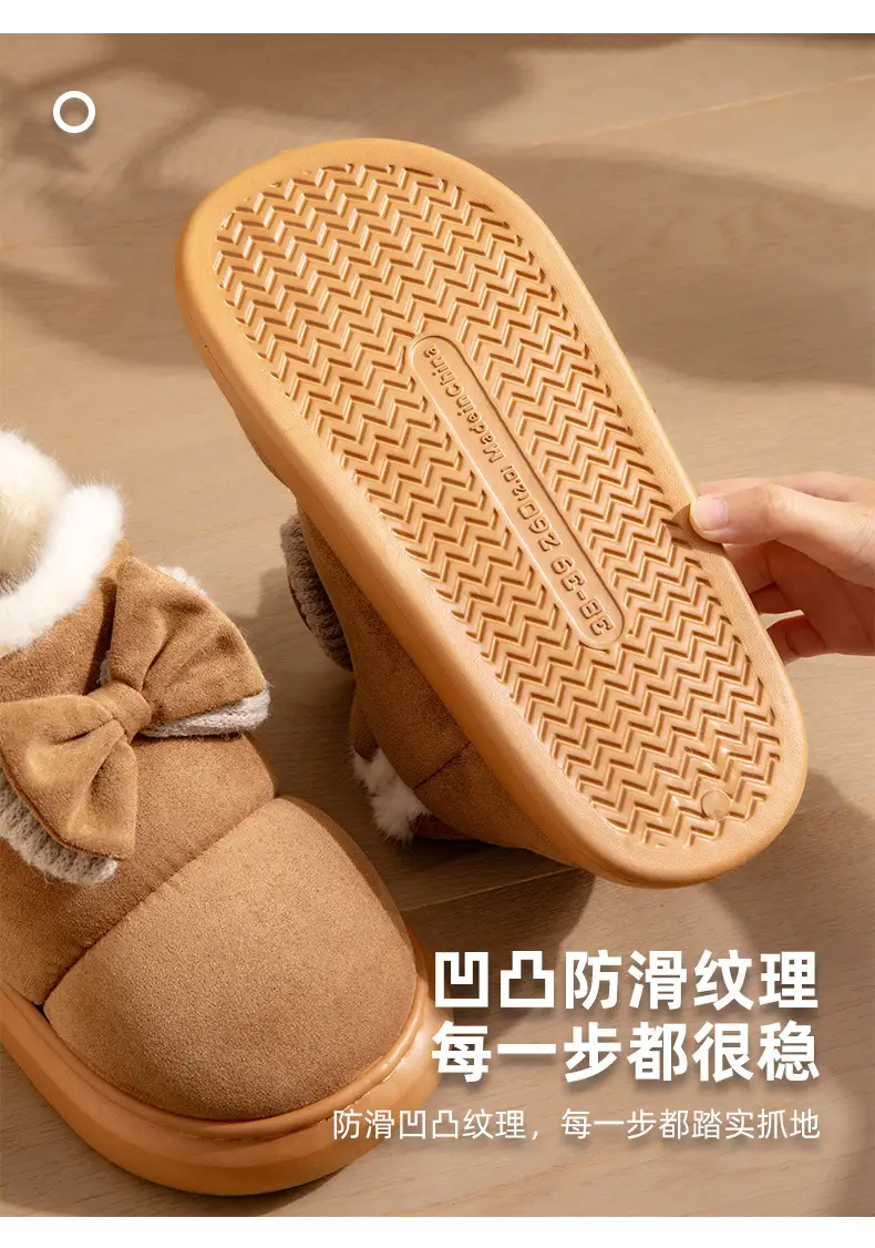 Women Winter Bow Bowled Slippers Brown Velvet Warm — feature 9