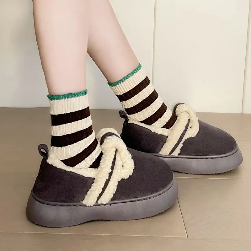 Women's Lamb Velvet Warm Slippers Brown White - Image 8