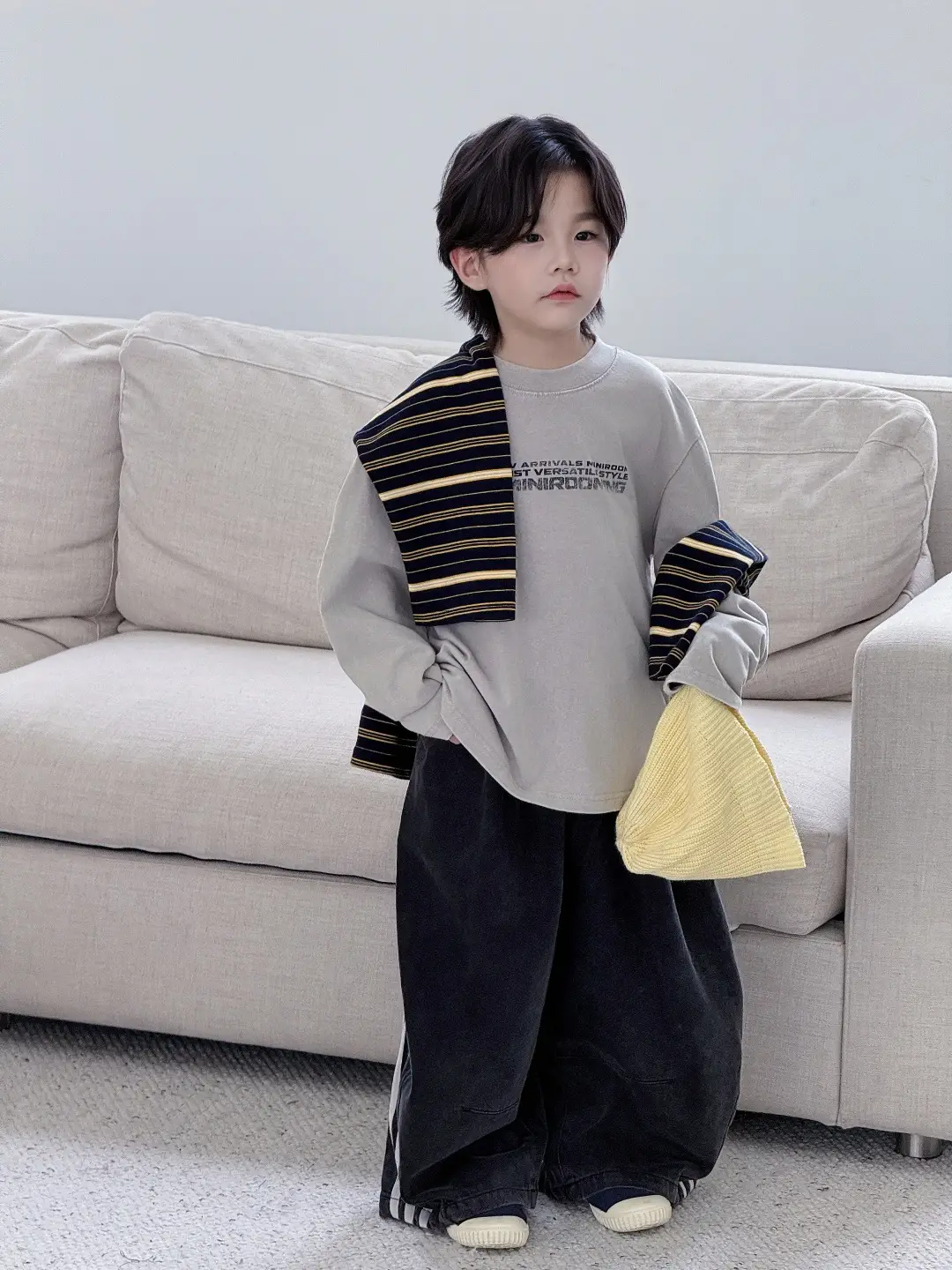 Children's Striped Cotton T-Shirt Grey Black Round Neck — feature 1