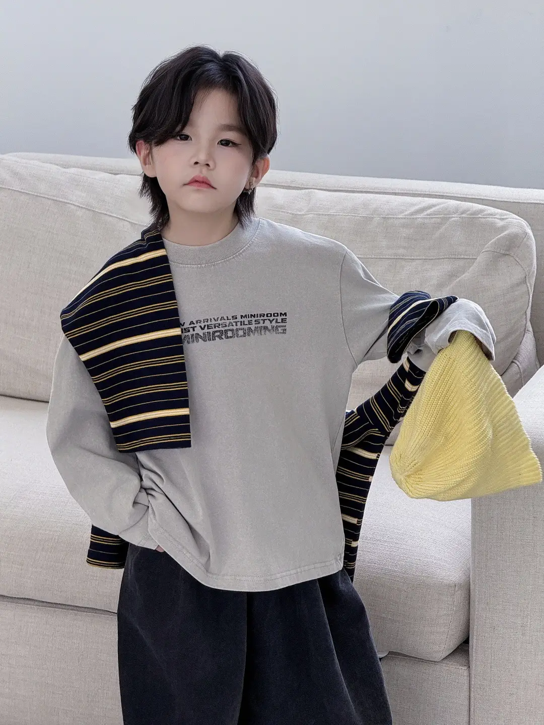 Children's Striped Cotton T-Shirt Grey Black Round Neck — feature 2