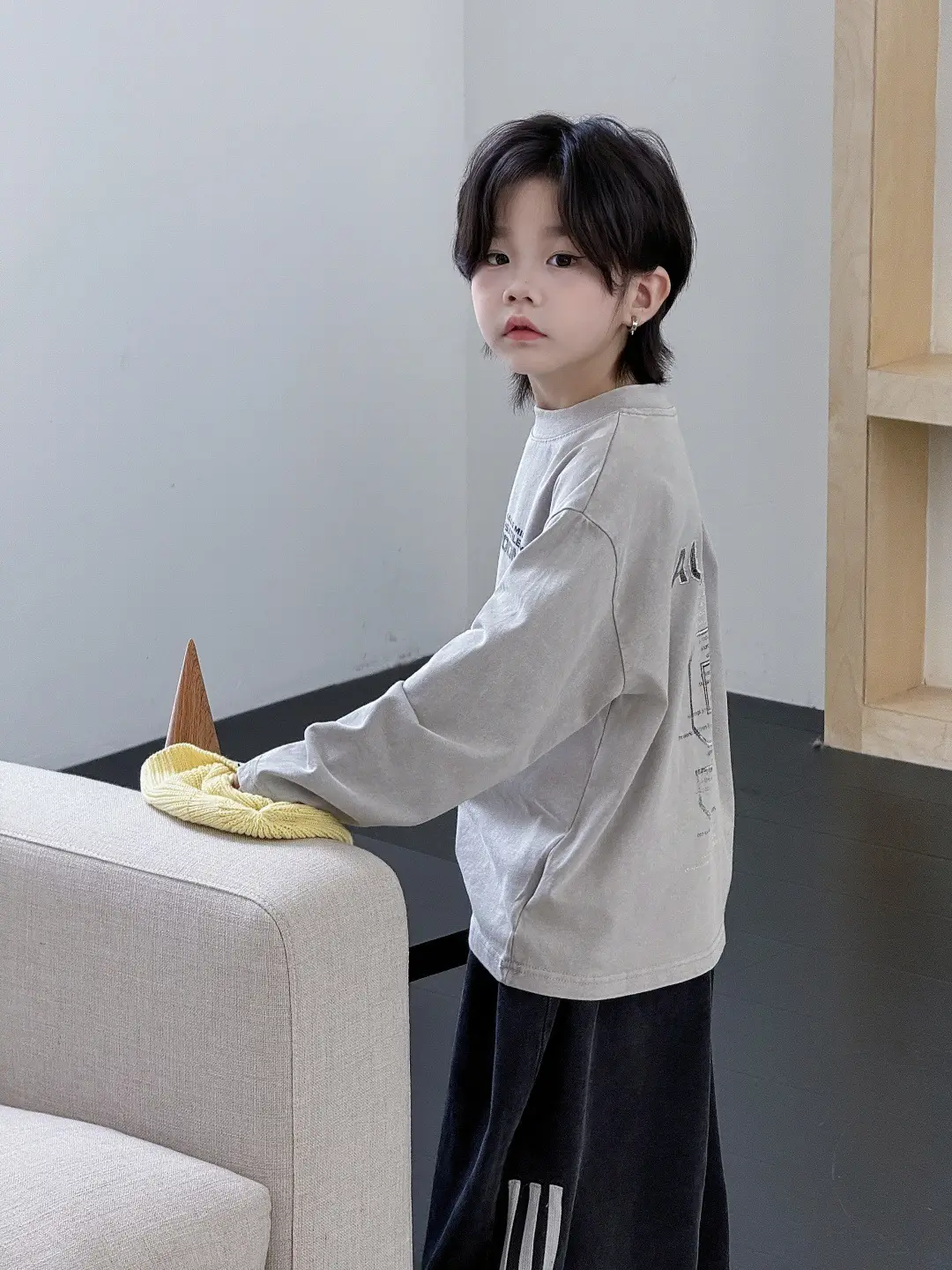 Children's Striped Cotton T-Shirt Grey Black Round Neck — feature 4