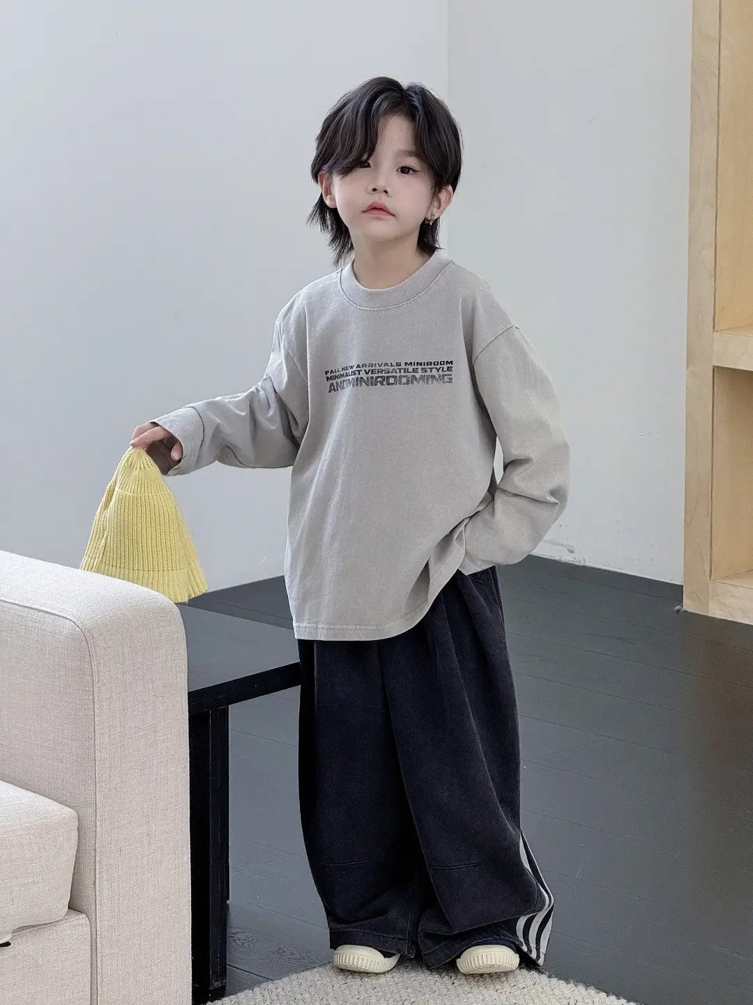 Children's Striped Cotton T-Shirt Grey Black Round Neck — feature 5