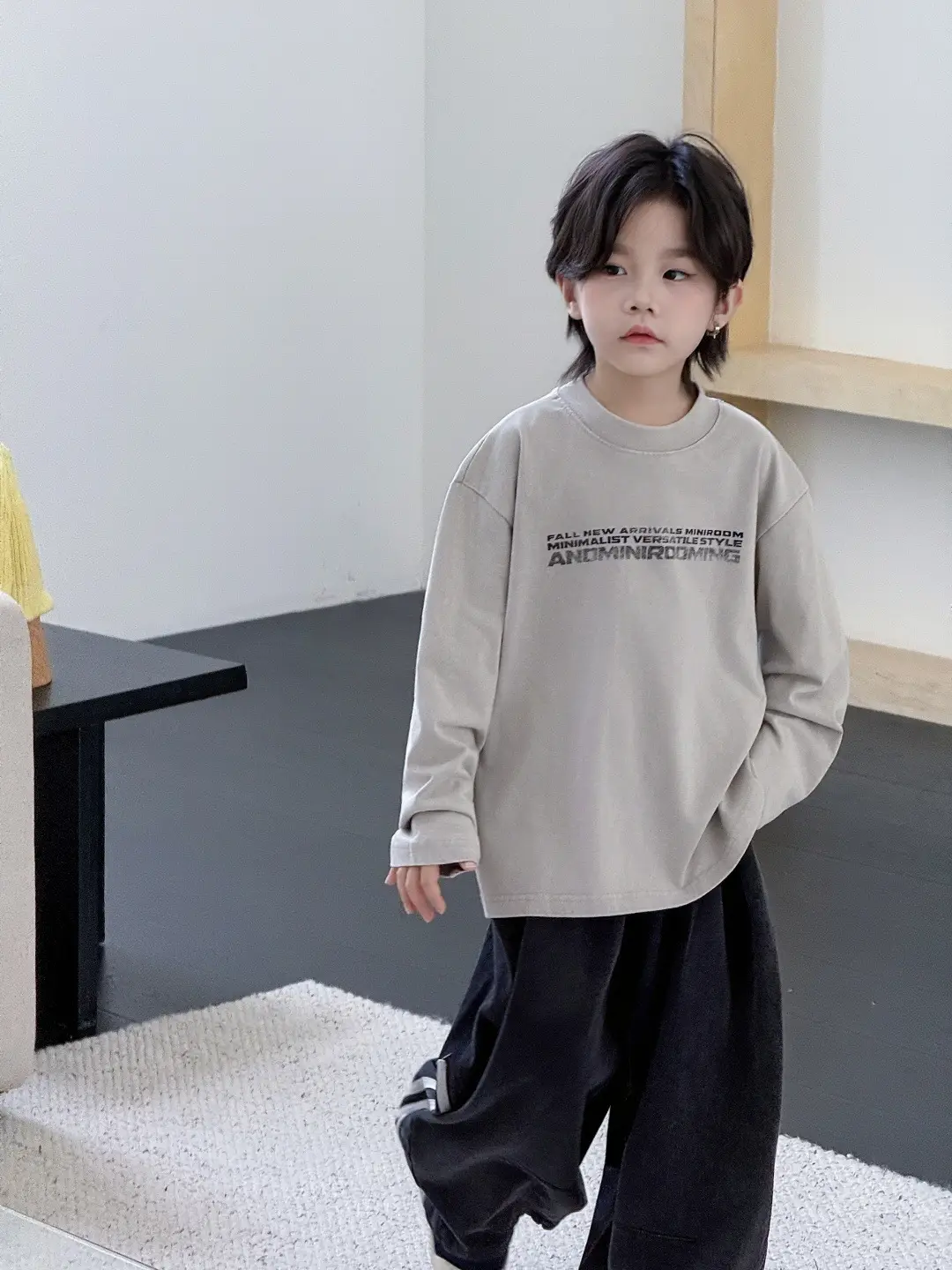 Children's Striped Cotton T-Shirt Grey Black Round Neck — feature 6