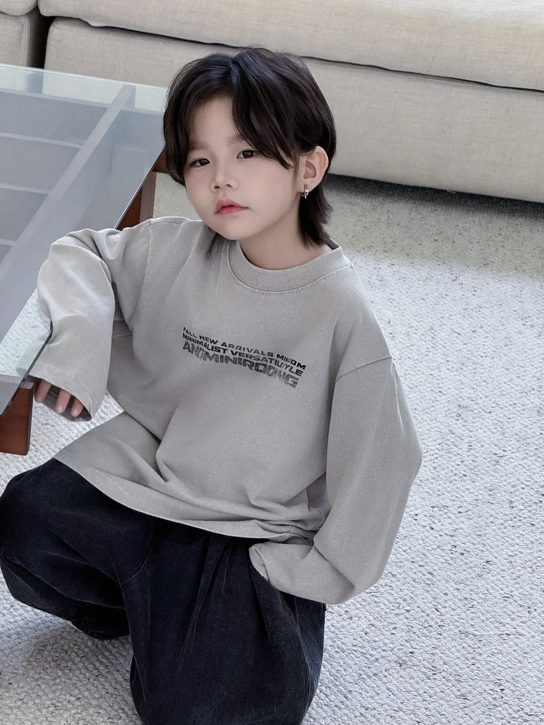 Children's Striped Cotton T-Shirt Grey Black Round Neck — feature 8