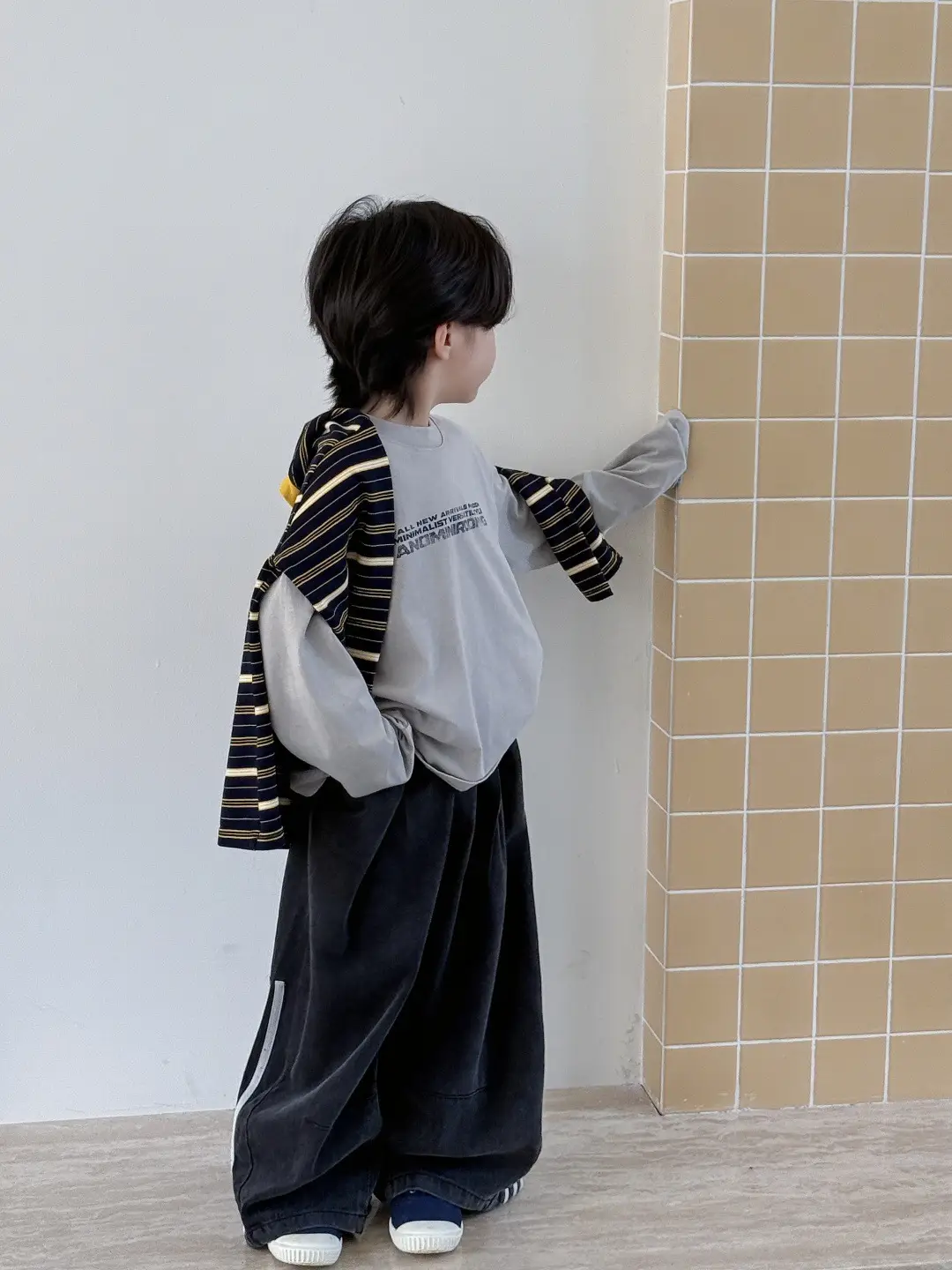 Children's Striped Cotton T-Shirt Grey Black Round Neck — feature 9