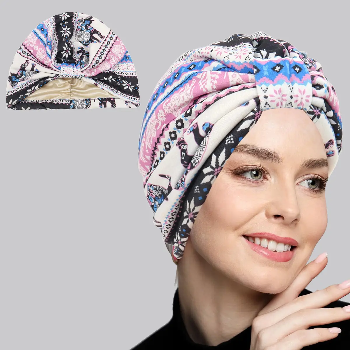 Leopard Print Square Muslim Turban Hat Satin Lined - Image 12