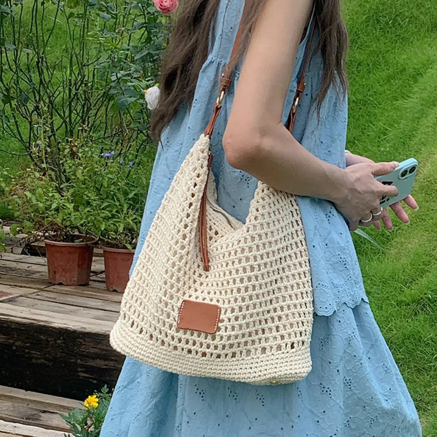 Women Woven Beach Bag with Leather Strap - Image 3