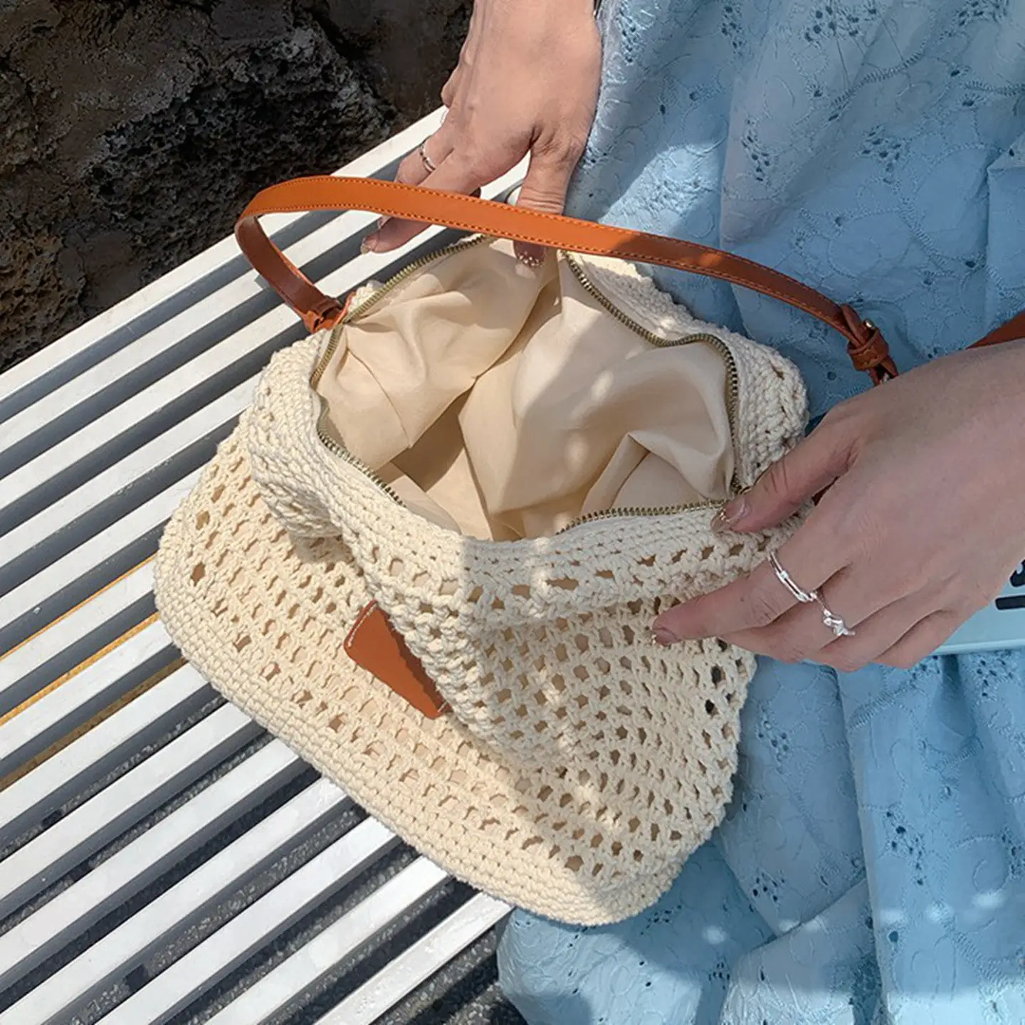 Women Woven Beach Bag with Leather Strap - Image 4