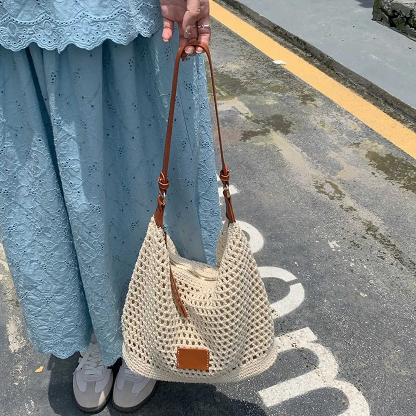 Women Woven Beach Bag with Leather Strap - Image 5
