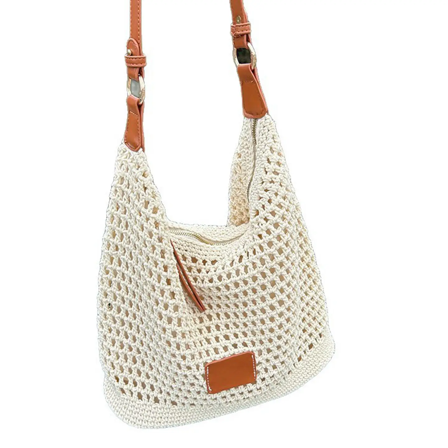 Women Woven Beach Bag with Leather Strap - Image 6