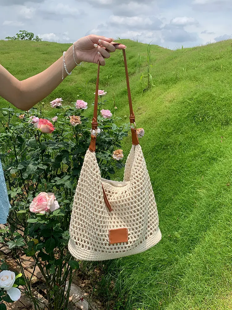 Women Woven Beach Bag with Leather Strap — feature 1