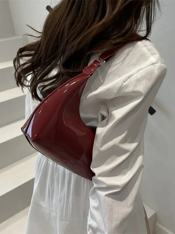 Burgundy Patent Leather Shoulder Crossbody Bag for Women - Image 8