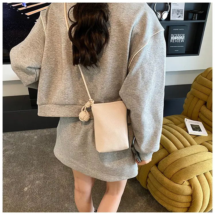 Women's White Knit Shoulder Bag with Drawstring Closure — feature 11