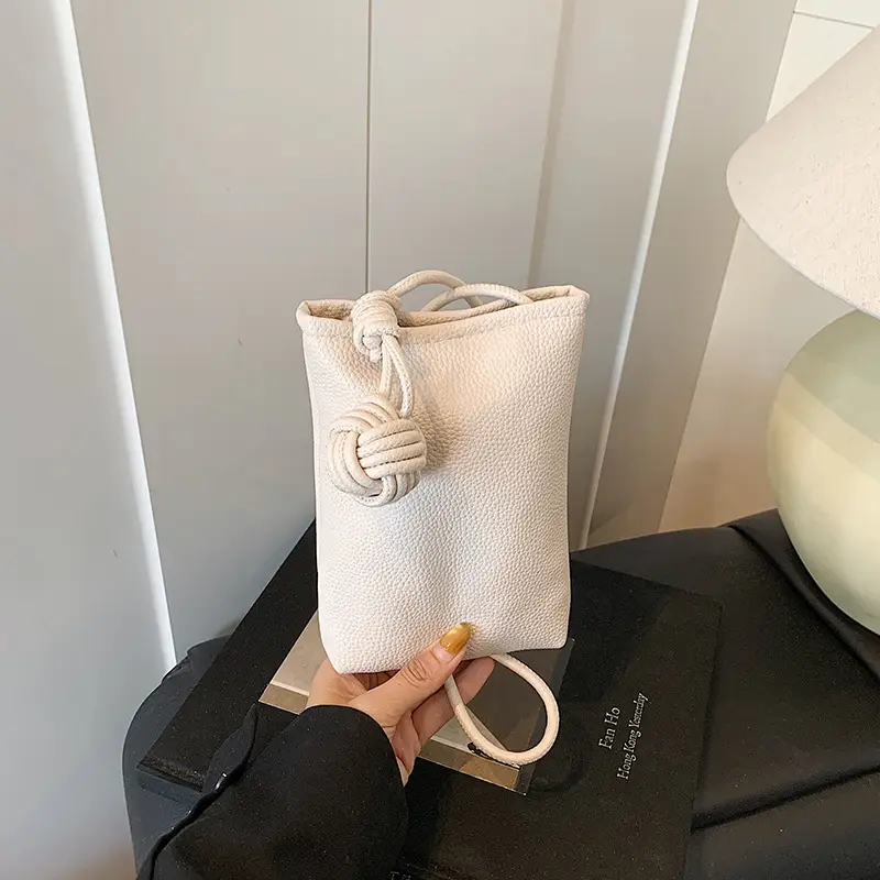 Women's White Knit Shoulder Bag with Drawstring Closure - Image 2