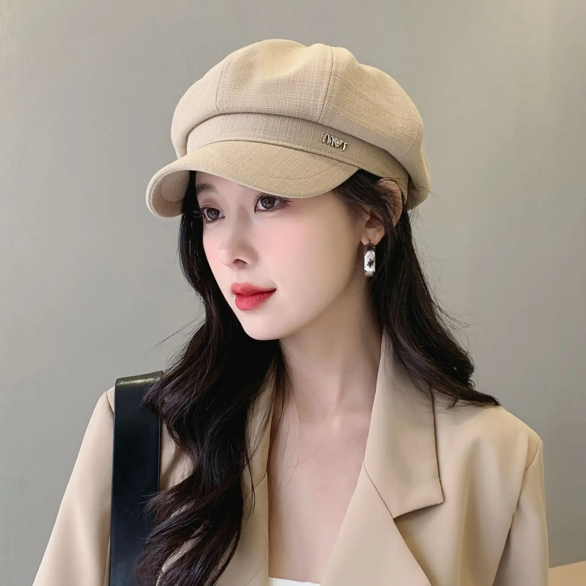 Women Spring Brim Cap Light Grey British Style - Image 4