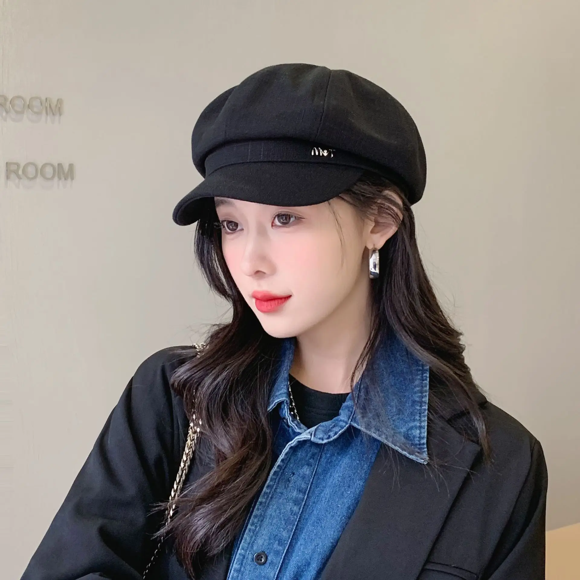 Women Spring Brim Cap Light Grey British Style - Image 5