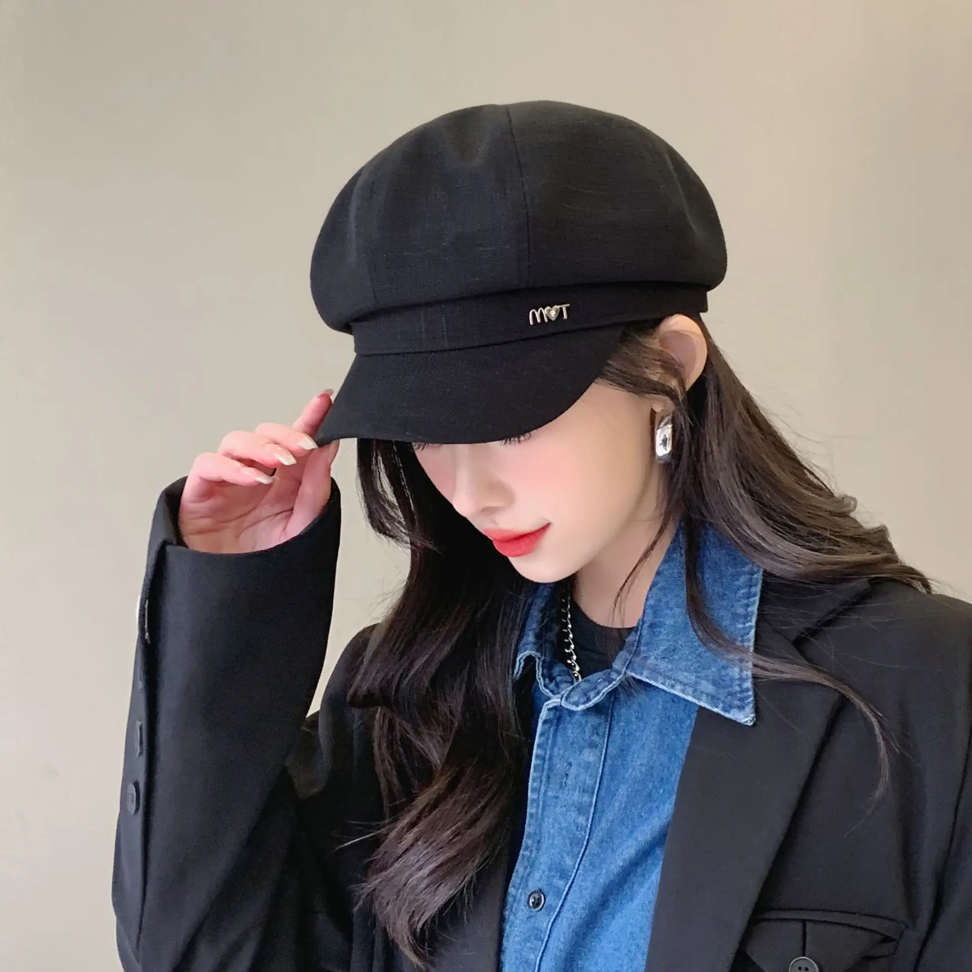 Women Spring Brim Cap Light Grey British Style - Image 6