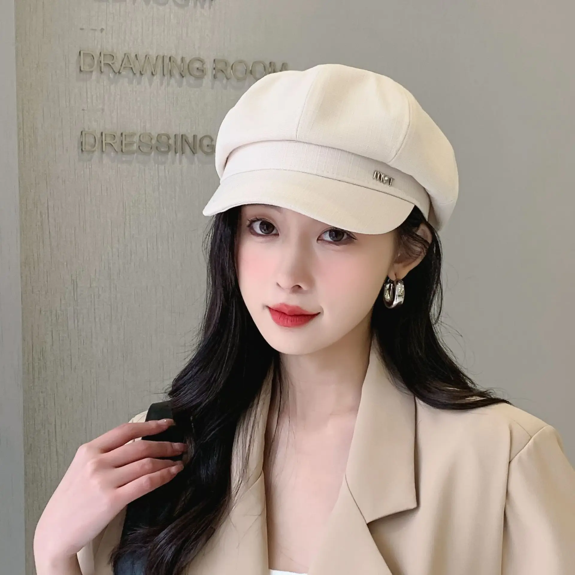 Women Spring Brim Cap Light Grey British Style - Image 7