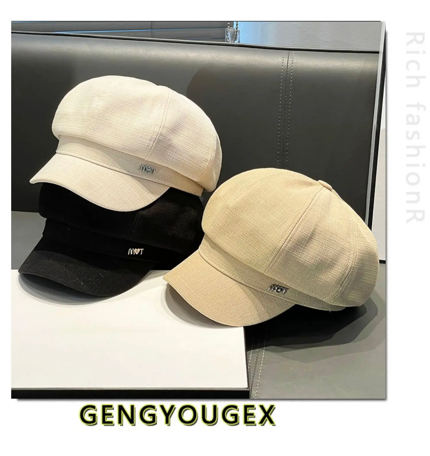 Women Spring Brim Cap Light Grey British Style — feature 9