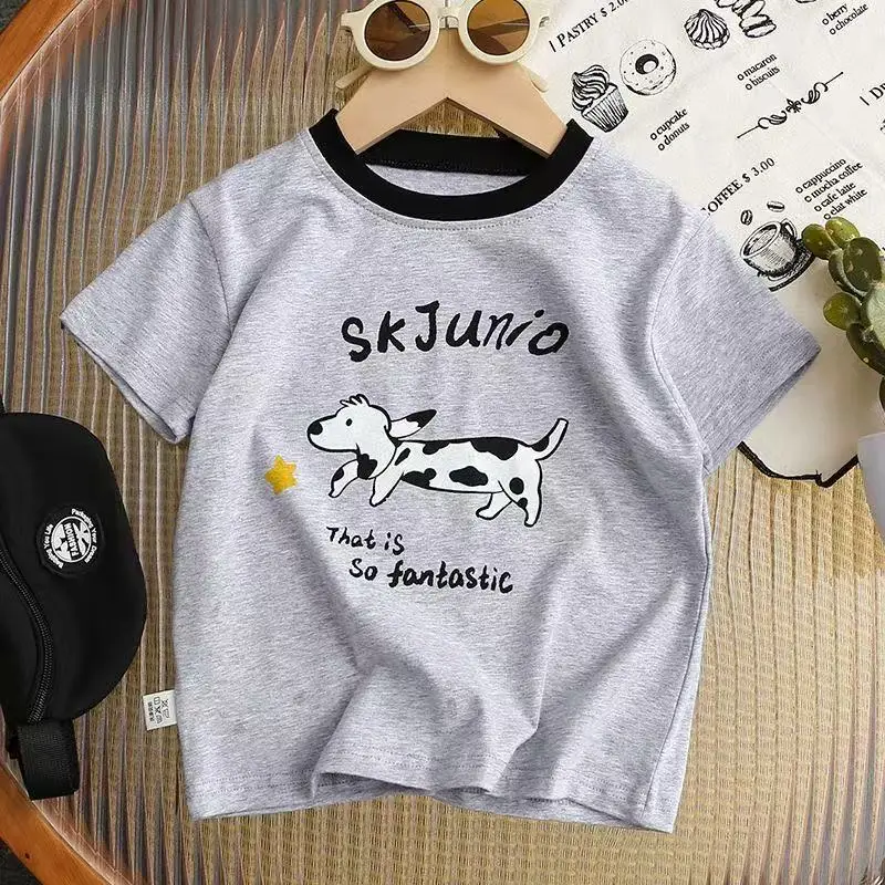Children's Grey Cartoon T-Shirt Short Sleeve Pure Cotton 2025 - Image 2