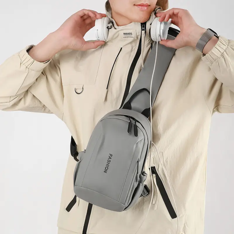 Men's Grey Leather Crossbody Bag Waterproof Business Commute
