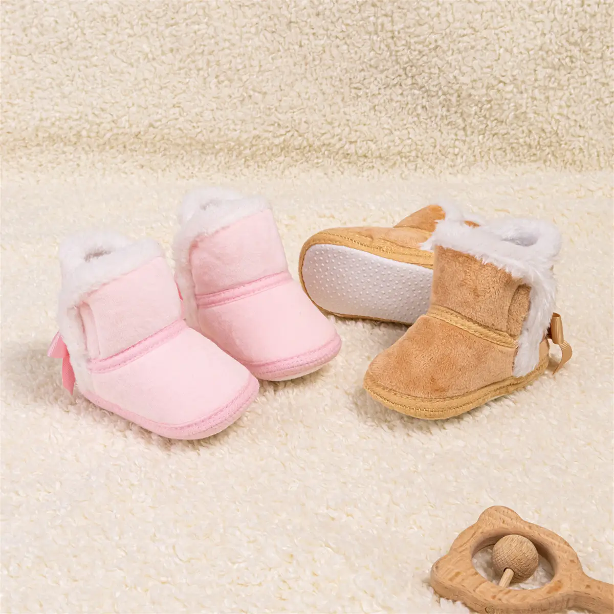 Winter Warm Baby Boots Pink Brown Anti-Slip Velcro — feature 4