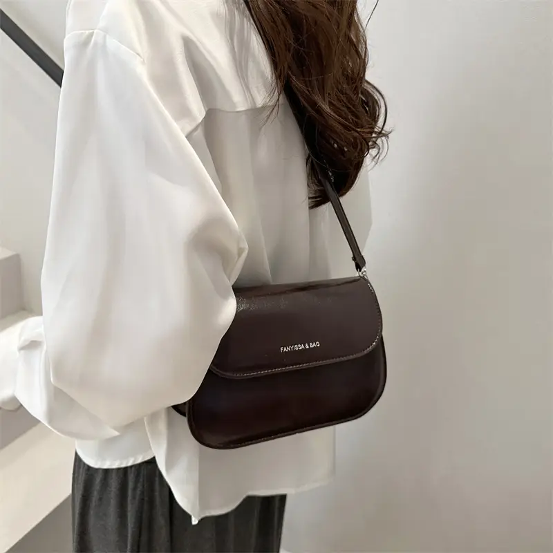 Brown Textured Saddle Shoulder Bag for Women - Image 3