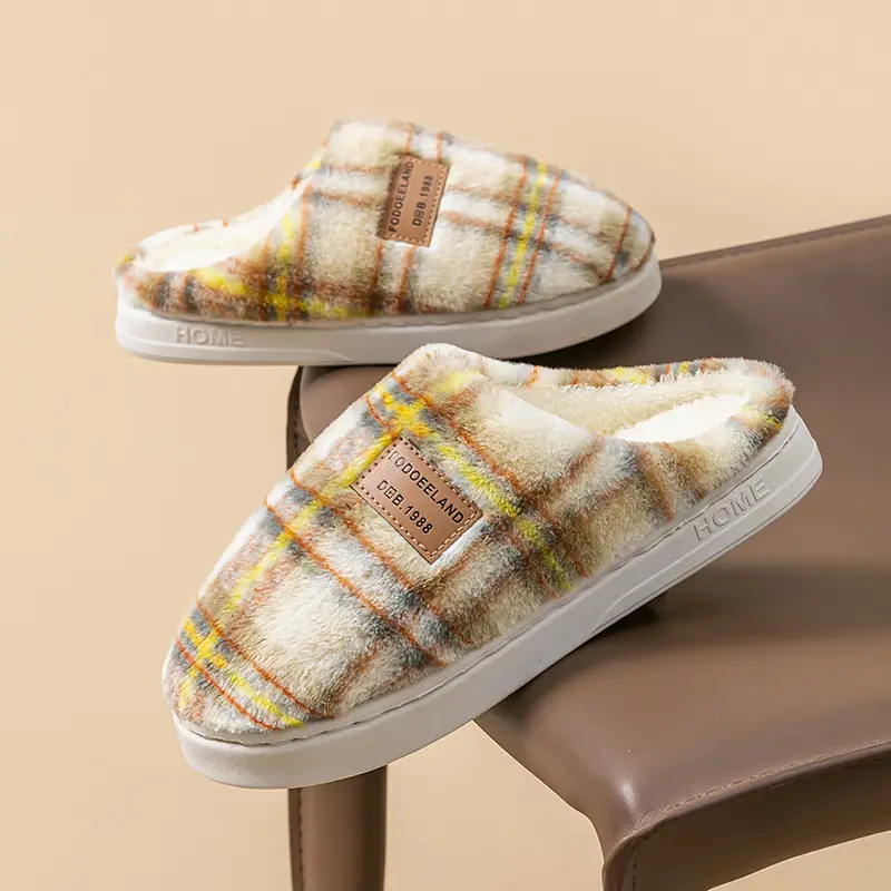 New Autumn and Winter Cotton Slippers for Women, Winter Home Indoor Furry Slippers, Thickened Warm Retro Plaid Cotton Slippers - Image 7