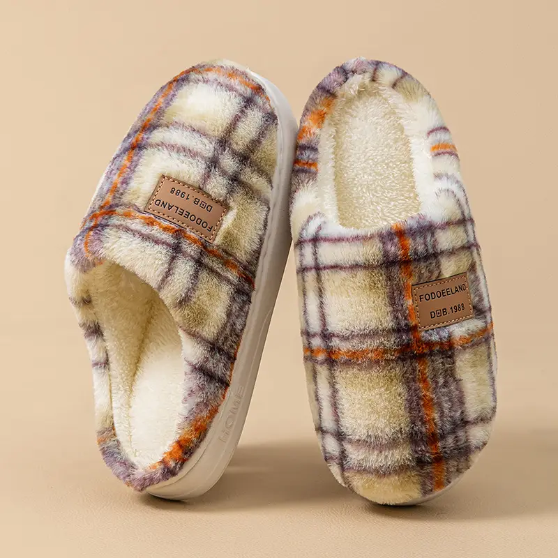 New Autumn and Winter Cotton Slippers for Women, Winter Home Indoor Furry Slippers, Thickened Warm Retro Plaid Cotton Slippers - Image 3
