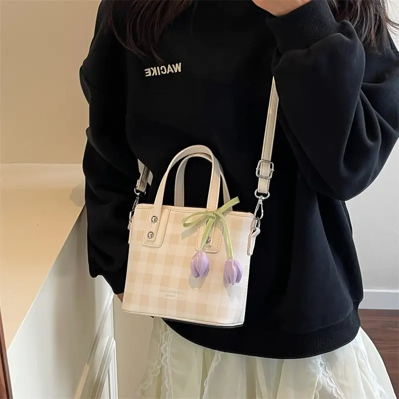 Women's New Plaid Shoulder Bag with Tulip Decor