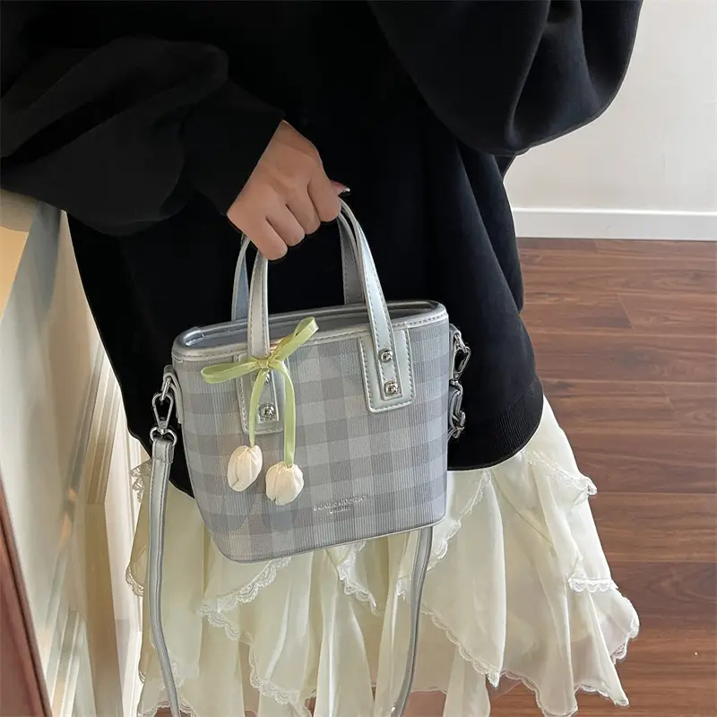 Women's New Plaid Shoulder Bag with Tulip Decor