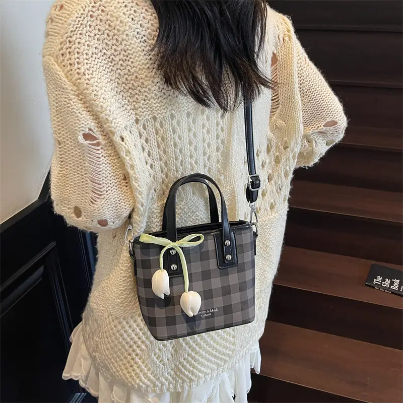 Women's New Plaid Shoulder Bag with Tulip Decor